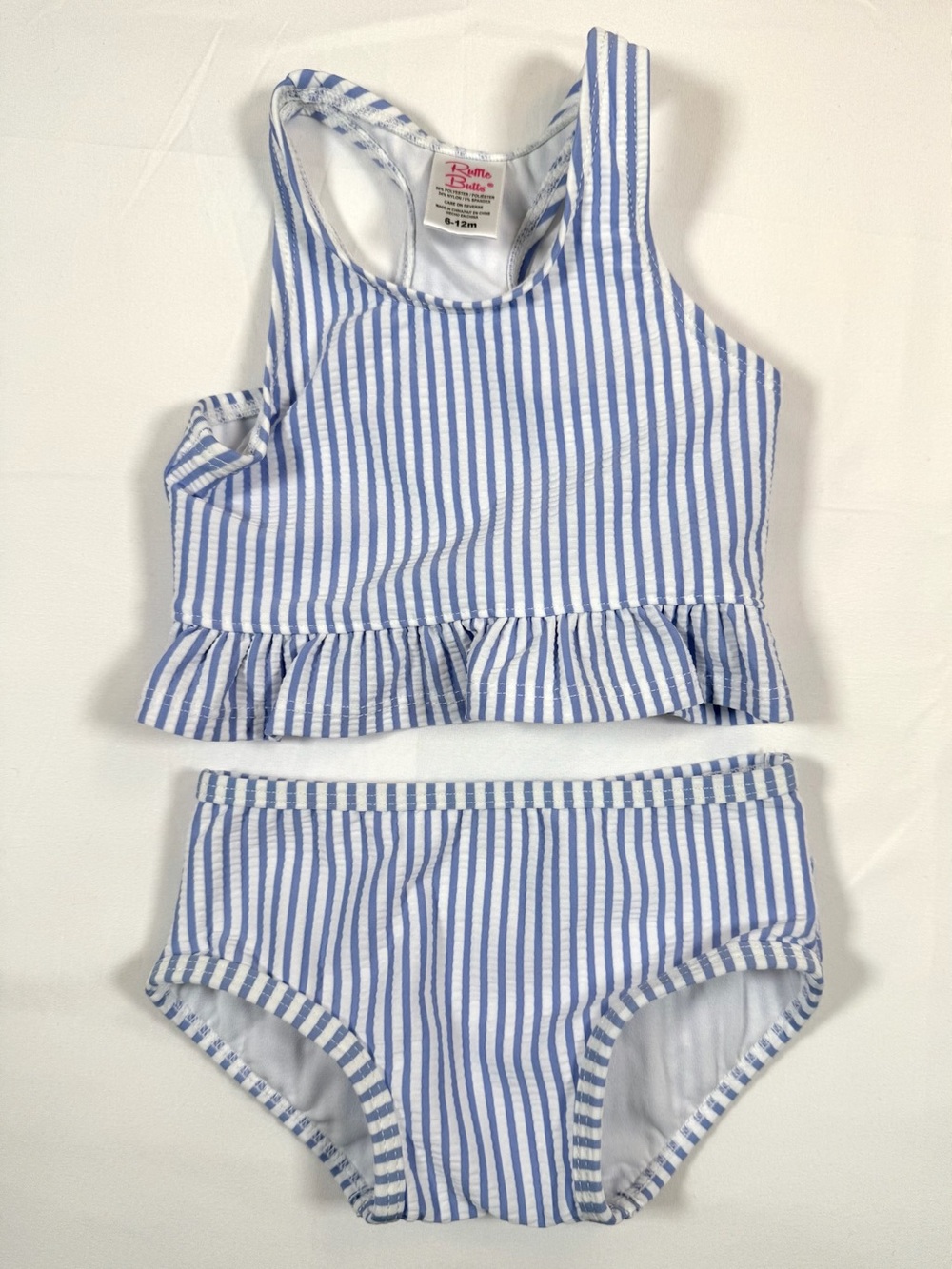 RUFFLE BUTTS Blue White Seersucker Stripe Two Piece Swimsuit Bikini Set‎ 6-12M